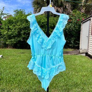 Jill Andrea of New York Blue Nylon Lace Trim Teddy Bodysuit Size M